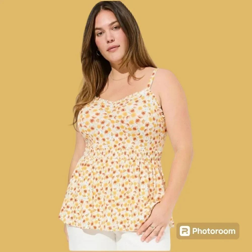 6X 30W Torrid Yellow Super Soft Sweetheart Ruched Babydoll Tank Top Floral cinch